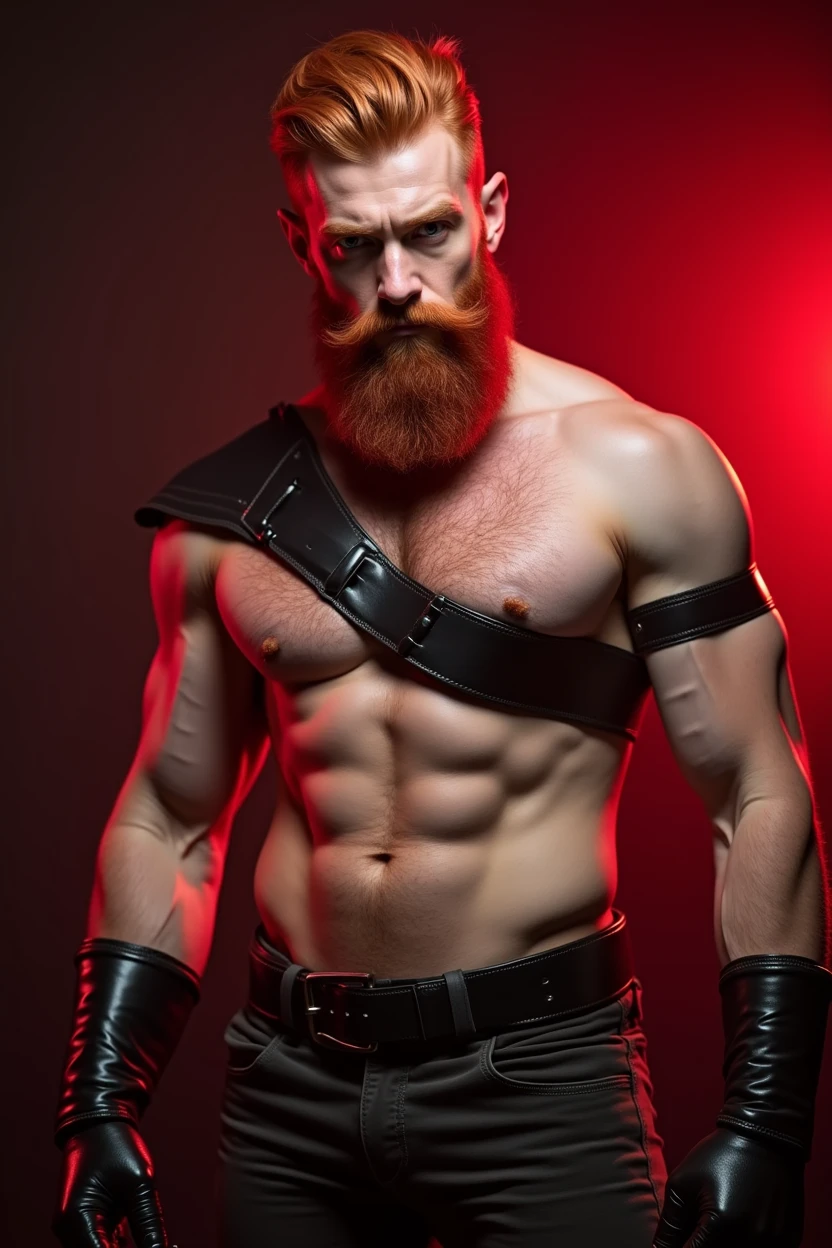 white man with red hair and beard, he is wearing black leather harness, he has his beautiful penis showing, BDSM environment red lights