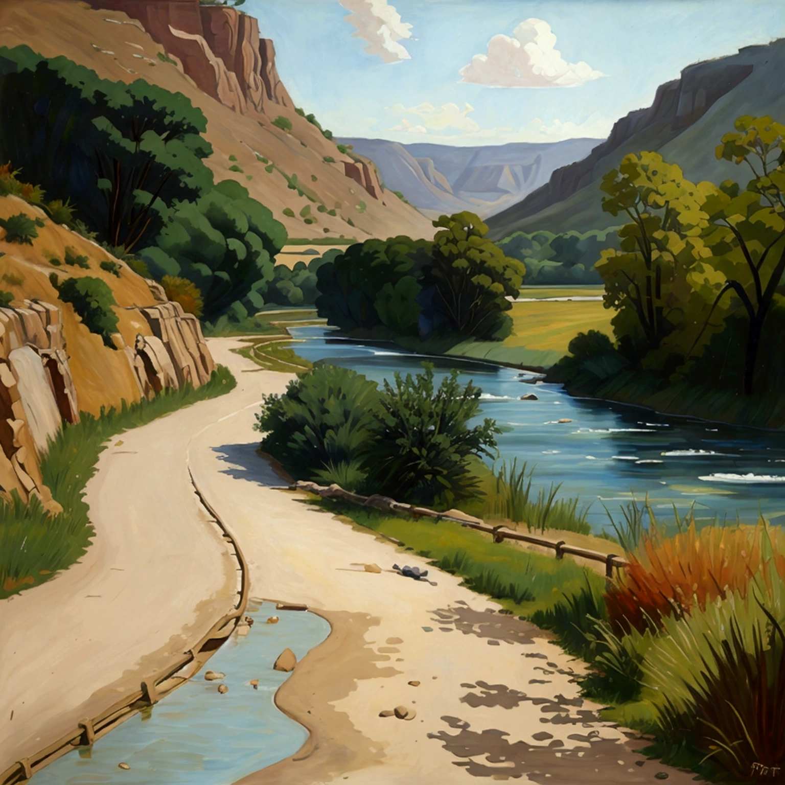 Old river near road, oil painting in style of Rufino Tamayo