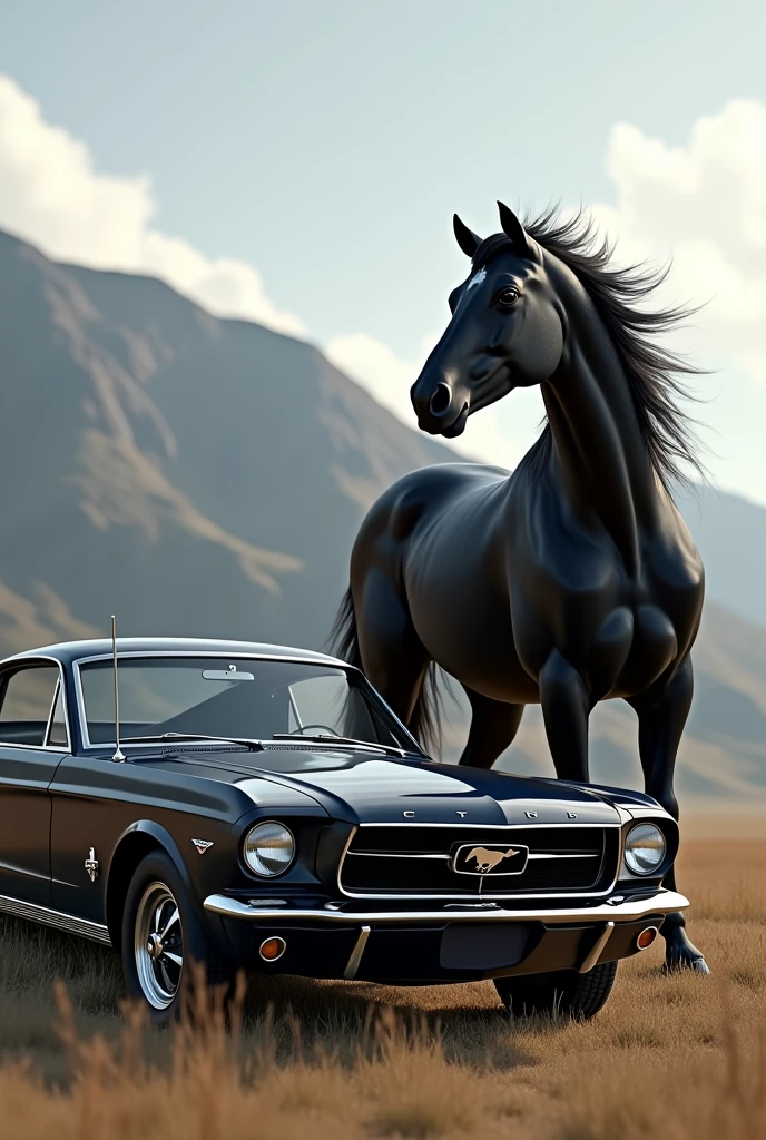 Carro Mustang, with a purebred black Mustang horse realistic image