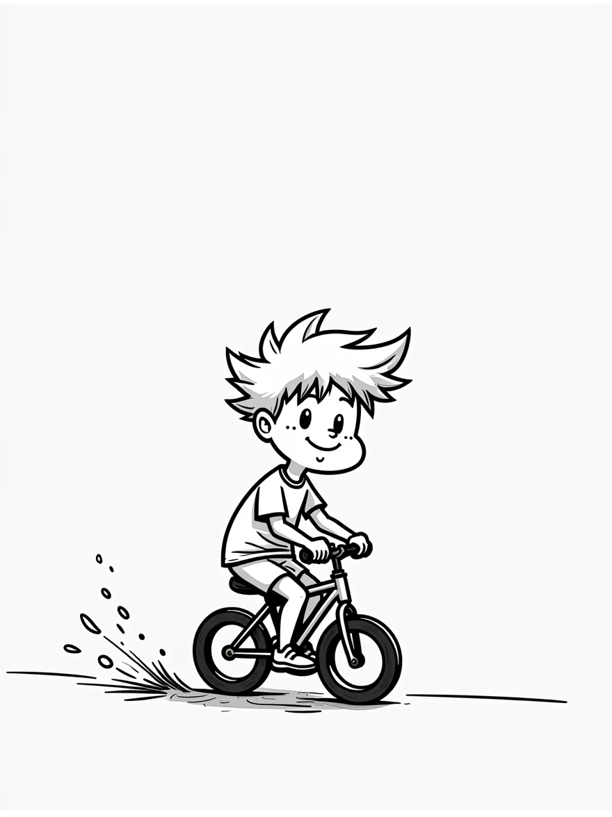 The illustration should be in [SUPER SIMPLE], black and white, cold line art with a clear, mostly empty background. [INCLUDES ONLY OUTLINES WITH NO FILLED IN BLACK AREAS], ensuring no shading, no complex images, and making it very easy to color in between the lines. A playful boy with spiky hair, wearing a t-shirt and shorts, riding a small bicycle.