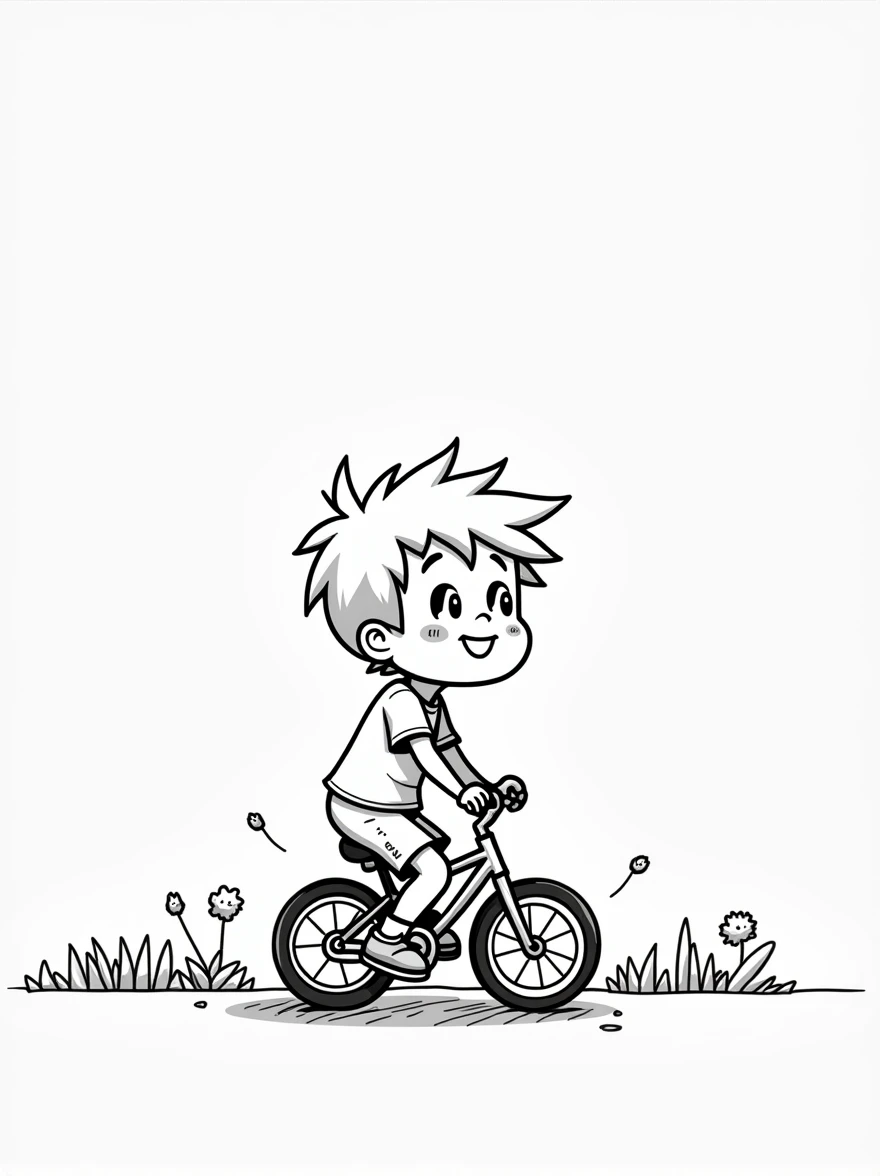 The illustration should be in [SUPER SIMPLE], black and white, cold line art with a clear, mostly empty background. [INCLUDES ONLY OUTLINES WITH NO FILLED IN BLACK AREAS], ensuring no shading, no complex images, and making it very easy to color in between the lines. A playful boy with spiky hair, wearing a t-shirt and shorts, riding a small bicycle.