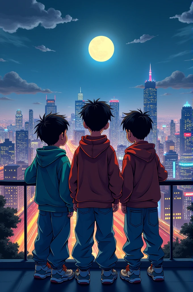 Urban style illustration, with 3 boys with oversized clothes and urban style, looking through a terrace at a city with a beautiful night and the full moon