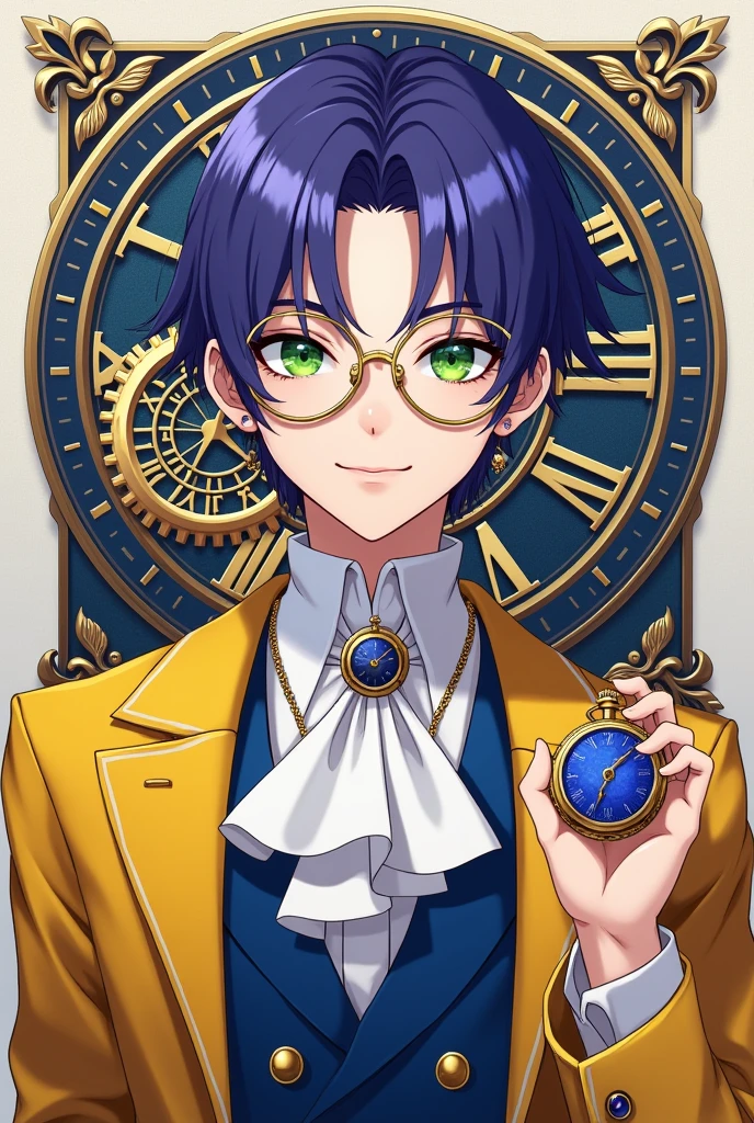 A young male Idol with neat and elegant purple-blue hair. Green eyes. Wearing a European-style performance Idol-outfit in yellow, blue and white , European suits combined with sexy Gothic and Baroque styles, stylized like a sexy unique fashion model, full of artistic personality. Wearing gold monocle quizzing-glass and holding a sapphire blue pocket watch. Earrings stylized to match the outfit.
On the background is the Deus ex Machina logo with the symbol of a time-traveling clock. The main color is #e8b923.