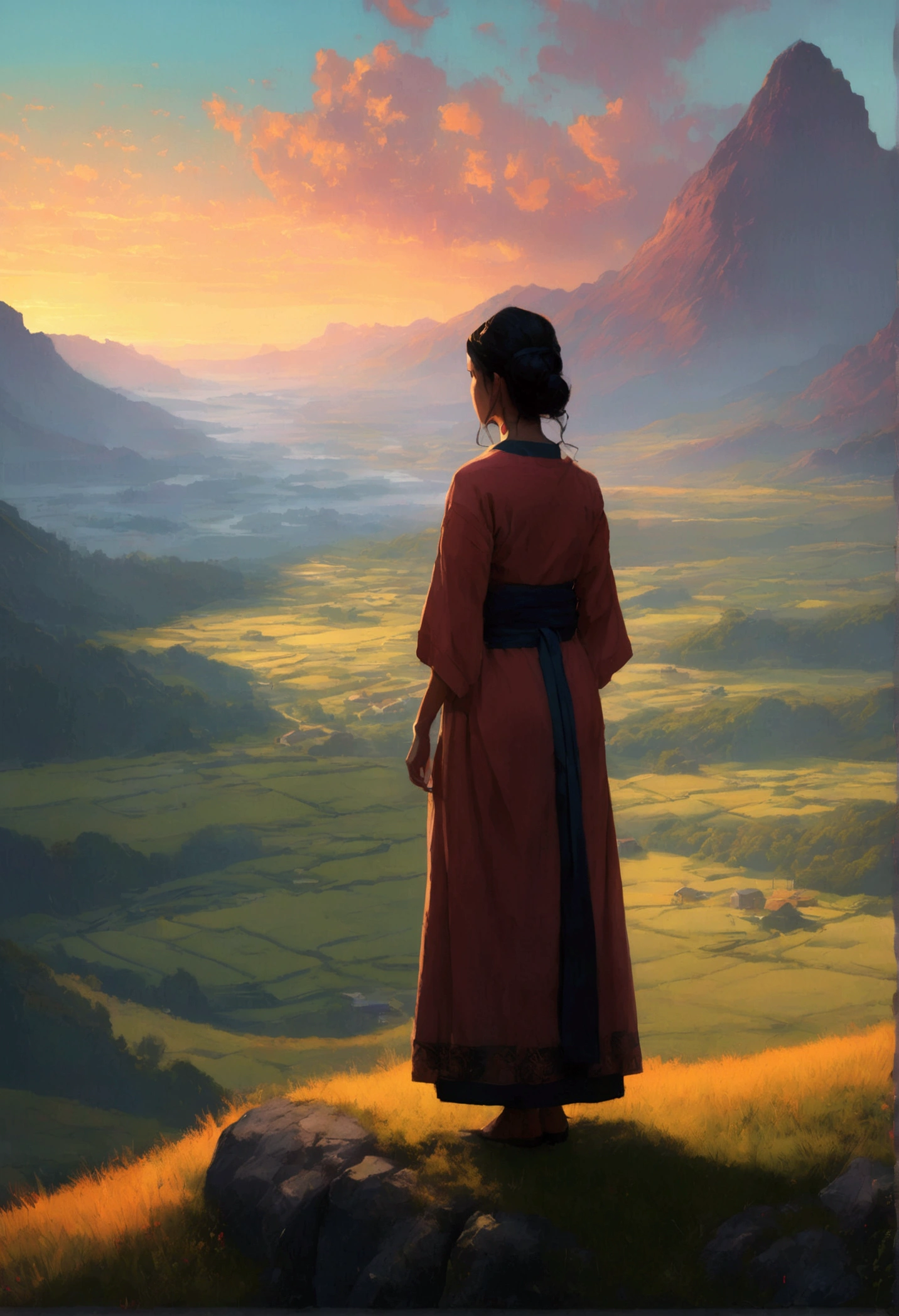 painting of a woman wear primitive clothes looking out over a valley at sunset, by Alena Aenami, art of alena aenami, inspired by Alena Aenami, rob rey, concept art artwork masterpiece, by Andreas Rocha, painted by andreas rocha, artistic. alena aenami, by Jason Felix, 8k stunning artwork, artgem and beeple masterpiece