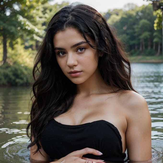 A 22 year old woman, with black, curly hair, model,
ultra quality expressive eyes,perfect hands
Perfect face, lake