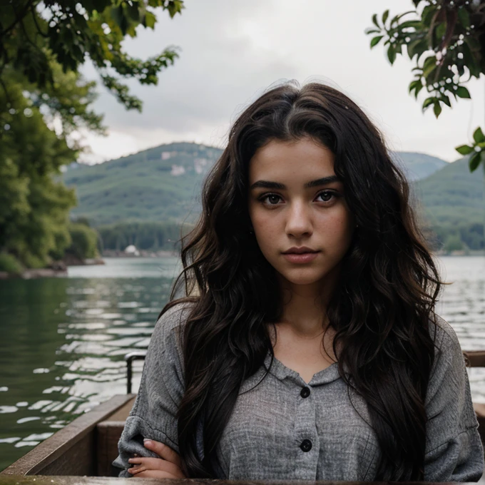 A 22 year old woman, with black, curly hair, model,
ultra quality expressive eyes,perfect hands
Perfect face, lake