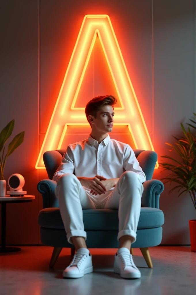 Creat a 3d illosion a propile picture were a25 year old cute boy in a white shirt casually on a wingback chair Waring sneakers he looks a headthr background features A in big and capital oring neon lighter fonts on the dark gray wall the should not be his shadow and there are love to make it appear as if he is an angel .