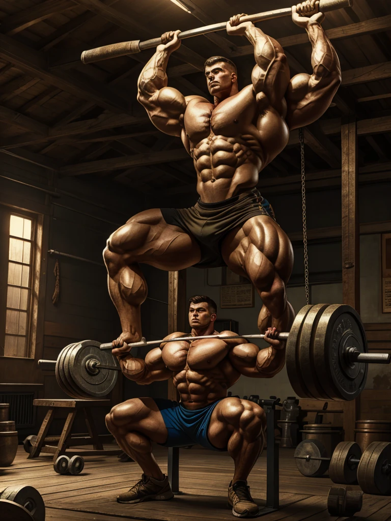 Illustration in Leyendecker style: Rustic gym with worn-out equipment, Rex lifting heavy weights, and an intense atmosphere