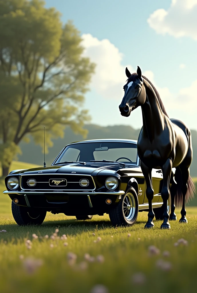 Carro Mustang, with a purebred black Mustang horse realistic image