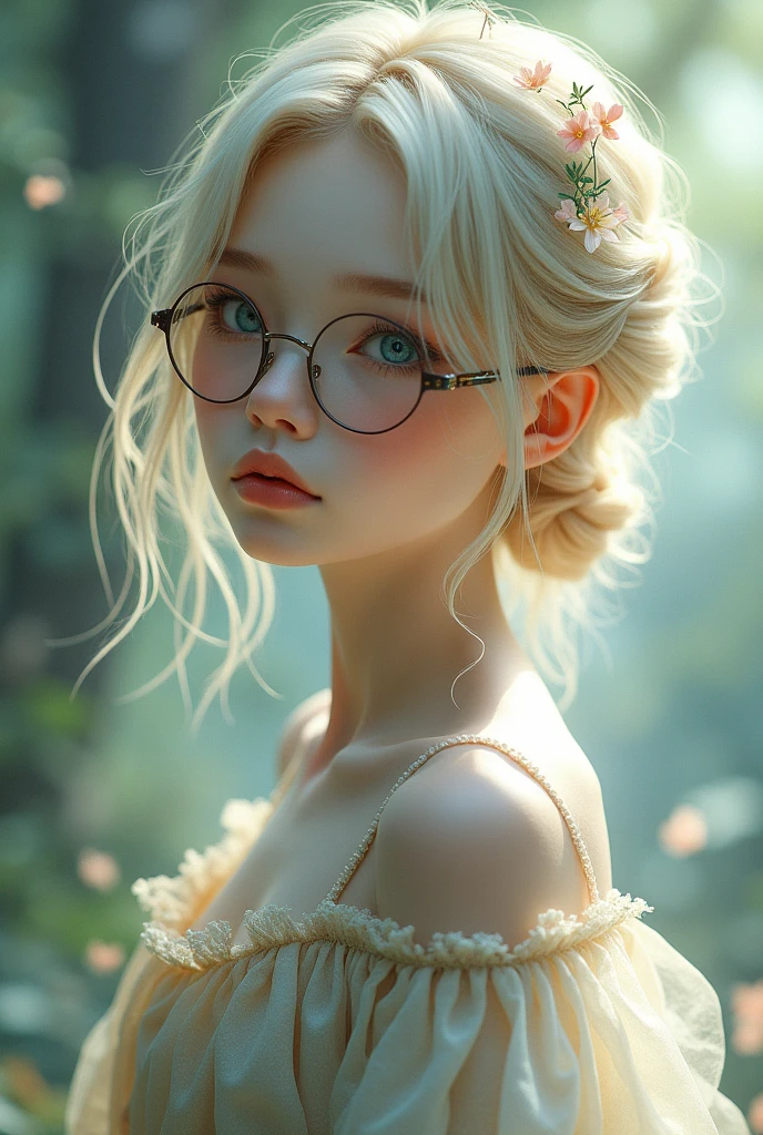 An androgynous nymph, with honey blonde hair, She wears glasses and her clothing style is Japanese lolita but tender with pale skin like a porcelain doll and blue eyes., 