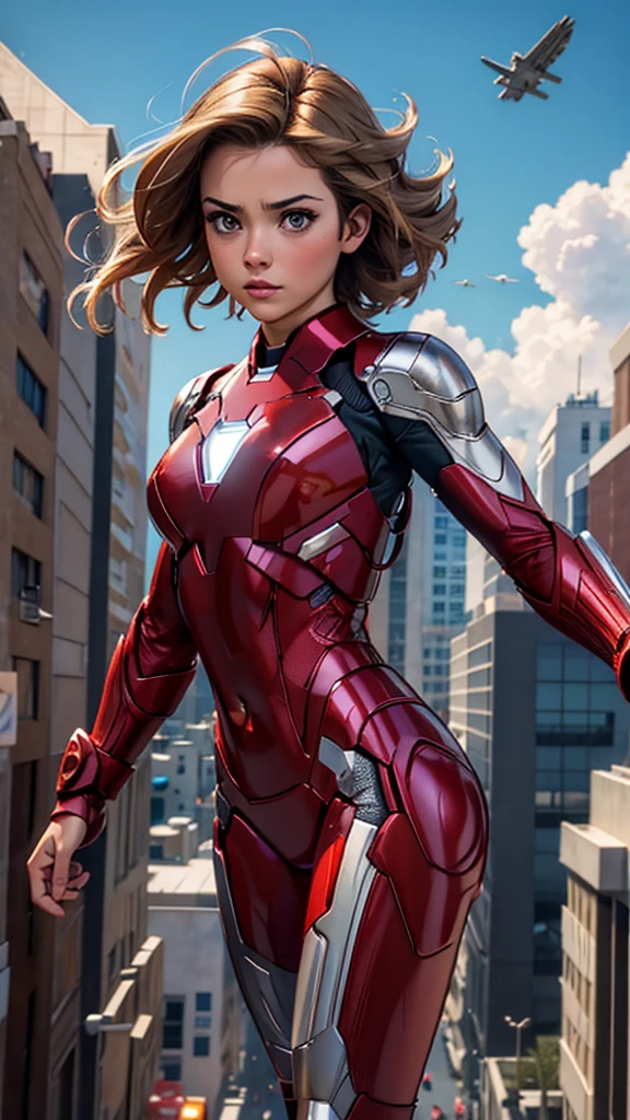 Ironman, (Marvel comics), avengers, sexy girl, powerful, red classic sexy armor, Young, skynny body, small and beautiful buttocks, toned abdomen, small and beautiful breasts, sensual, ella esta volando en el cielo, disparando laser, partículas de energía, centro de poder, aviones, aves, nubes, ciudad en llamas, edificios destruidos en el fondo, Dramatic background, mucha gente asustada, invasión alienígena, sensual look, beautiful brown eyes, classic hairstyle,Hair dyed in bright blonde color, best quality,4k,8k,A high resolution,masterpiece,Ultra detailed,realistic, Photorealistic,photo realistic, ultra realistic 