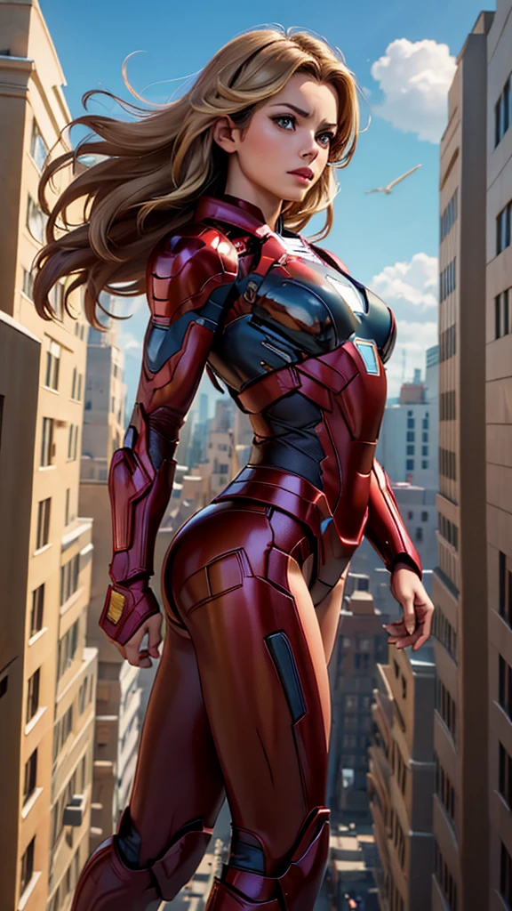 Ironman, (Marvel comics), avengers, sexy girl, powerful, red classic sexy armor, Young, skynny body, small and beautiful buttocks, toned abdomen, small and beautiful breasts, sensual, ella esta volando en el cielo, disparando laser, partículas de energía, centro de poder, aviones, aves, nubes, ciudad en llamas, edificios destruidos en el fondo, Dramatic background, mucha gente asustada, invasión alienígena, sensual look, beautiful brown eyes, classic hairstyle,Hair dyed in bright blonde color, best quality,4k,8k,A high resolution,masterpiece,Ultra detailed,realistic, Photorealistic,photo realistic, ultra realistic 