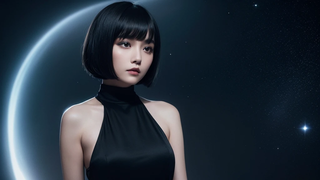 Delicate and dainty young woman with shiny bob-cut black hair . She is wearing black dress. The background is a fantastic and ethereal night sky that seems to be haunted by a specter. Her expression is stern and atmospheric. Angle from directly below.