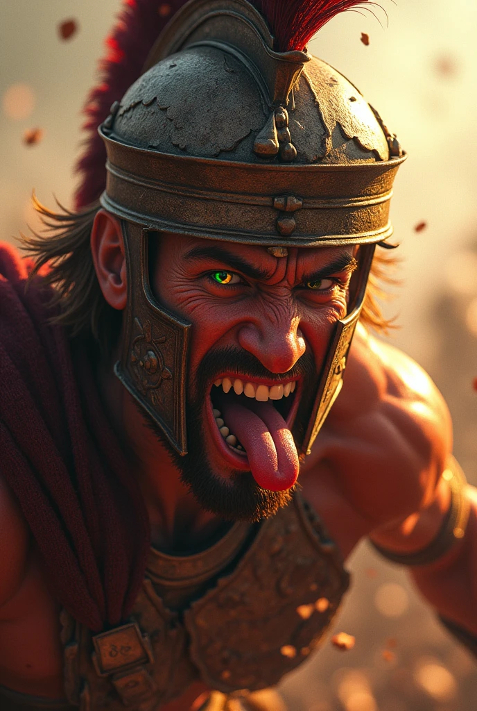(battle and Spartans:1.2) (Messy brown hair:1.1) (Heterochromia xanthochromia and green eyes:1.2) (Spartans Helmet:1.0) (Colored blood in the eyes:1.0) (A radiant glow:1.1) (thick lips:0.9)(poking tongue out in an angry face