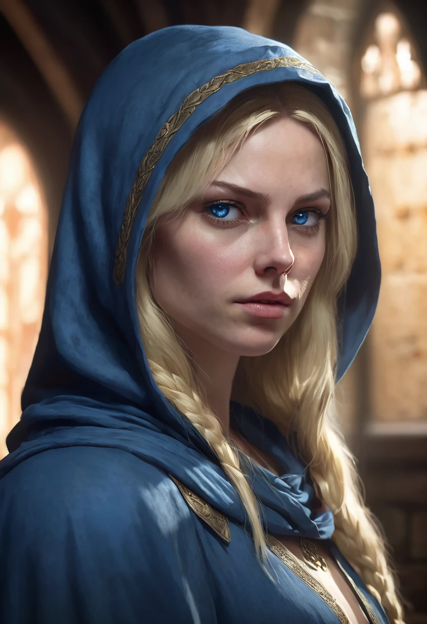 1 woman, inside a medieval room, she is a villain, wearing a blue outfit with a hood on her head, detailed facial features, feminine blue eyes, clear and detailed skin, blonde hair, dramatic lighting, cinematic composition, somber palette, dark colors, atmospheric haze, thin chin, soft face, serious face, beautiful woman, adult woman, ultra realistic, profile picture, adult woman (best quality, 4K, 8K, high resolution, art: 1.2), ultra detailed (realistic, photorealistic, photorealistic: 1.37)