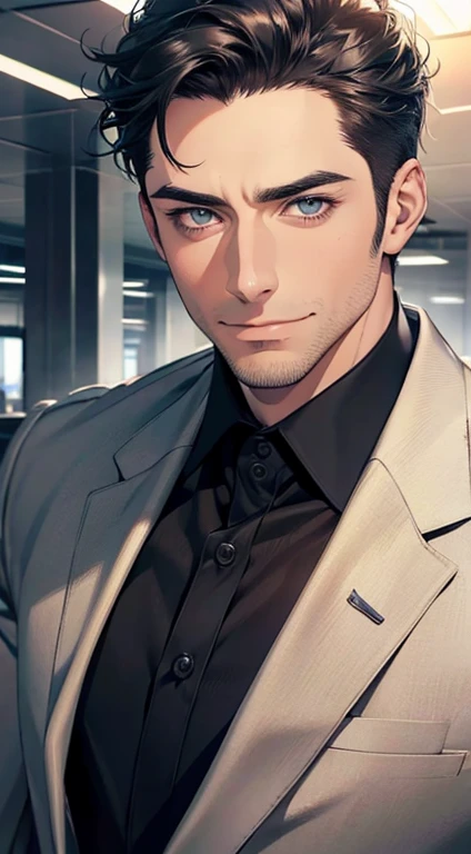 (best quality,4k,8k,highres,masterpiece:1.2),ultra-detailed,(realistic,photorealistic,photo-realistic:1.37),1 man,31 years old,mature man,very handsome,without expression,smile,short grey black hair,blue eyes,penetrating gaze,perfect face without errors,imposing posture,businessman,office background,cinematic lighting,hdr image