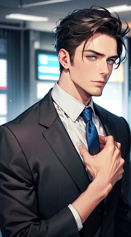 (best quality,4k,8k,highres,masterpiece:1.2),ultra-detailed,(realistic,photorealistic,photo-realistic:1.37),1 man,31 years old,mature man,very handsome,without expression,smile,short grey black hair,blue eyes,penetrating gaze,perfect face without errors,imposing posture,businessman,office background,cinematic lighting,hdr image