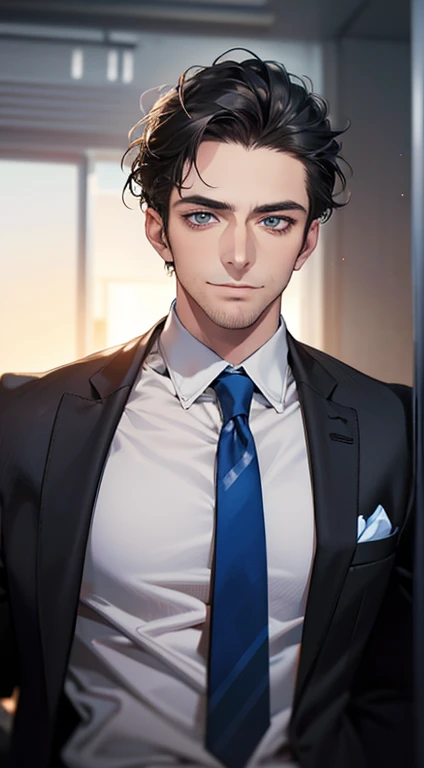 (best quality,4k,8k,highres,masterpiece:1.2),ultra-detailed,(realistic,photorealistic,photo-realistic:1.37),1 man,31 years old,mature man,very handsome,without expression,smile,short grey black hair,blue eyes,penetrating gaze,perfect face without errors,imposing posture,businessman,office background,cinematic lighting,hdr image