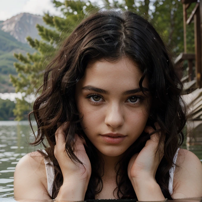 A 22 year old woman, with black, curly hair, model,
ultra quality expressive eyes,perfect hands
Perfect face, lake