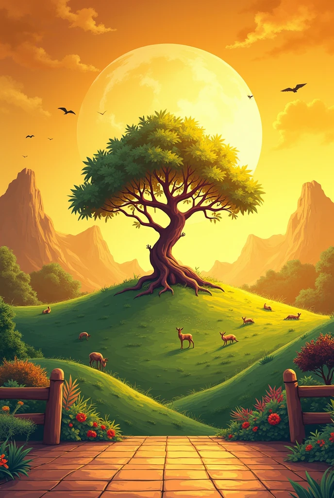 A vibrant vector art wall painting in the ratio 11:7, in landscape orientation. The scene features a 2D-shaped 'Kalpa Vriksha' as the central object, with a well-above sunrise casting a warm glow. The surrounding area includes lush green grass with small animals like deer and rabbits near the Kalpa Vriksha. The sky has a soft morning hue with a few birds in flight. The colors are vibrant and attractive, designed to match yellow surrounding tiles.