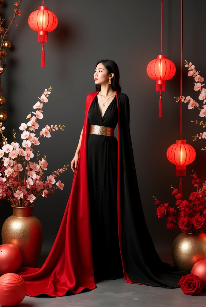1. Wallpaper và Layout:
Wallpaper:
Choose a black or dark gray background to highlight the red and black shades of the model and decoration.
You can use a background with gentle patterns such as moon and stars or metallic patterns to add appeal.
Layout:
Arrange decorative elements such as lanterns, led light, and moon cakes around the model in a balanced manner.
Place the model in the center or to one side to create space around the accessories.
2. Model&#39;s Outfits:
Colour:
Black and red clothes combine harmoniously, for example a long black dress with red accents or vice versa, to create contrast and stand out.
Styles:
Choose clothes with modern and sophisticated designs, such as a long dress or a cape with gentle details to match the chic style.
Use accessories like necklaces, earring, or a metallic gold belt for added sparkle.
3. Props and Decorations:
Decorative table:
Place a decorative table with a glossy black or glass surface, and decorate with items such as red lanterns, yellow candle, and modern moon cake models.
Use silver or gold cake plates and trays to add a touch of elegance.
Decorative details:
Add details like fresh flowers (red roses or white orchids) to create emphasis and freshness.
Combine with metallic or iridescent details to highlight the red and black of the model&#39;s outfit..
4. Light và Angle shooting:
Light:
Use soft and even lighting, Combine key lighting and background lighting to highlight the nuances of the costumes and setting.
Use light shining from above to create a shimmering effect on decorative details.
Angle shooting:
Shoot from different angles to create variety, include wide angles to cover the entire scene and close-ups to highlight details like costumes and accessories.
These elements will help create a Mid-Autumn Festival photography backdrop that is both modern and modern, luxurious, It also fits the model&#39;s style.


Please draw with pictures so I can easily visualize


