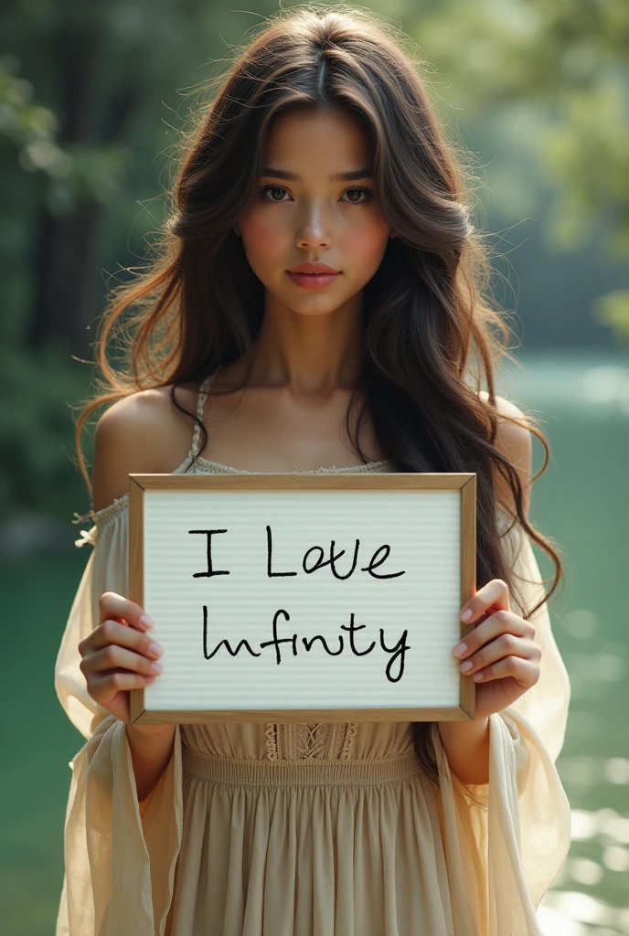 Beautiful girl with wavy long hair, bohemian dress, holding a white board with text "I Love Seaart Infinity" and showing it to the viewer