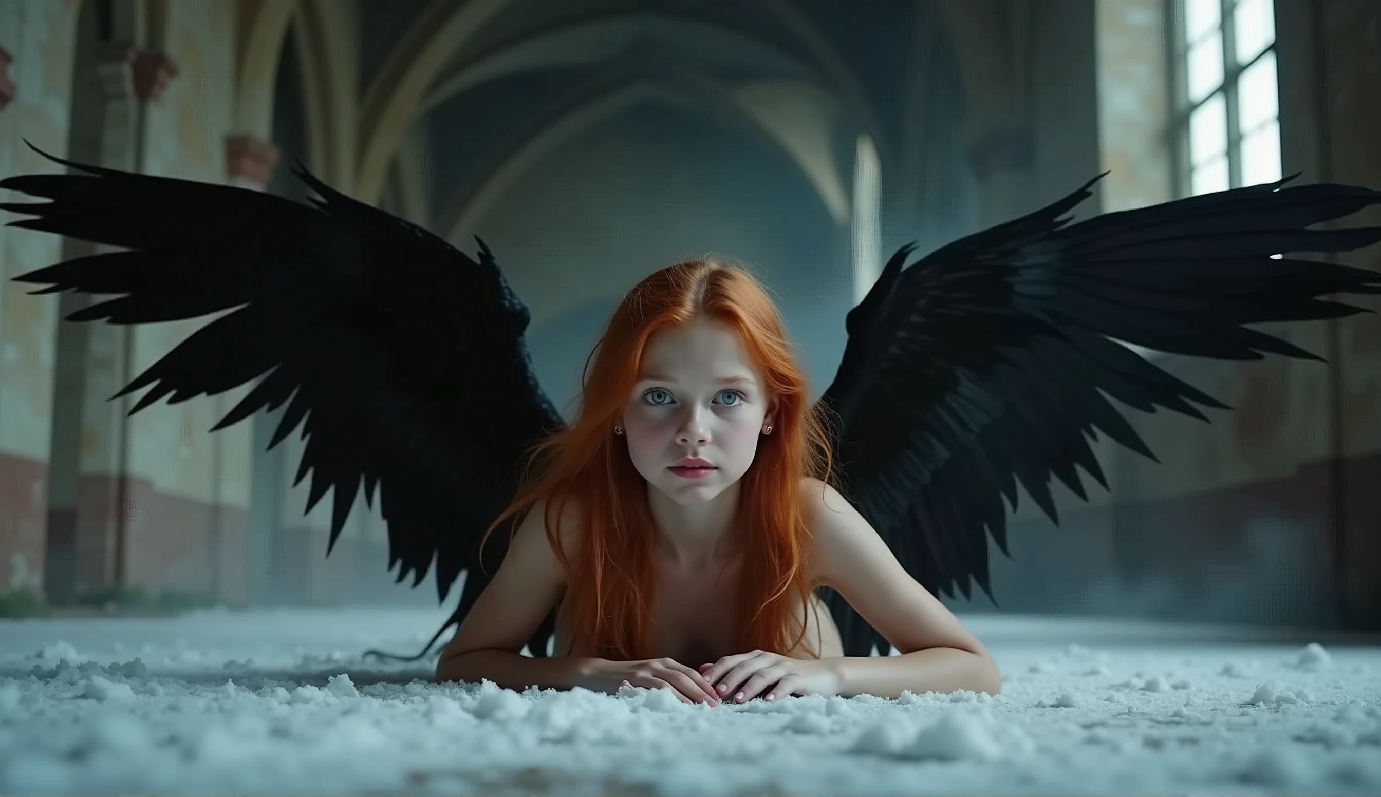 (Mackenzie Foy (mackenzie foy) Ginger long hair girl,，With stunning Gothic black archangel wings:1.6),  (naked, naked体:1.8), (No clothes:1.8),(long, Messy hair, Hair blowing in the wind:1.6), blue eyes, Delicate eyes, Delicate lips, (lies naked体, Sensual, whole body:1.5), (Low Angle Photo:1.5), (Creepy and scary gothic church, Abandoned by Mist and Fog, snow:1.3), low collar, Ray Tracing, (best quality, 4K, 8K, high resolution, masterpiece:1.2), Very detailed, (Practical , photoPractical, photoPractical :1.37), HDR, Ultra HD, masterpiece, professional, Bright colors, Bokeh, Studio Lighting