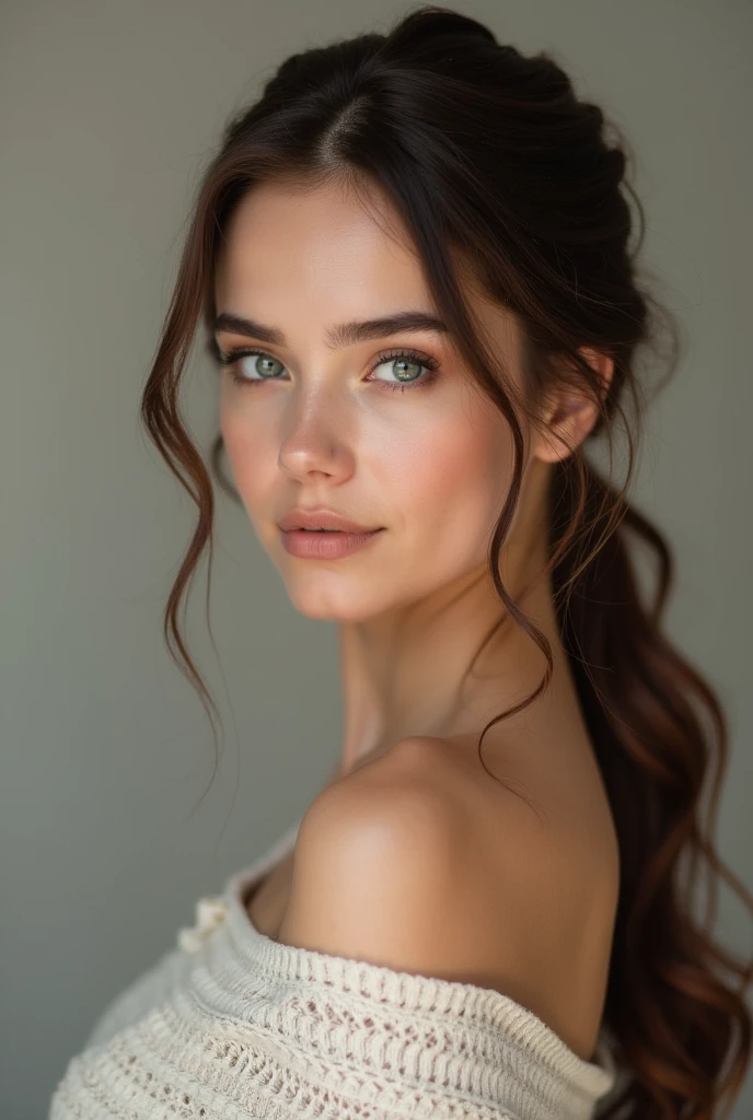 brunette woman front hair tied behind