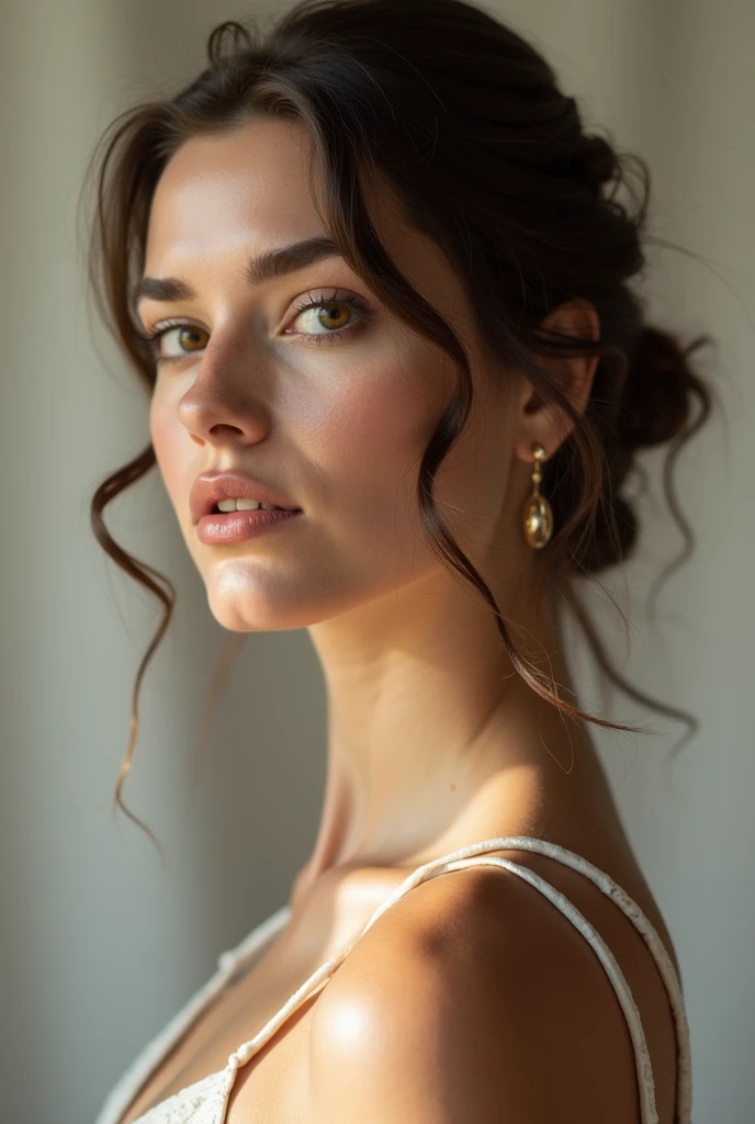 brunette woman front hair tied behind