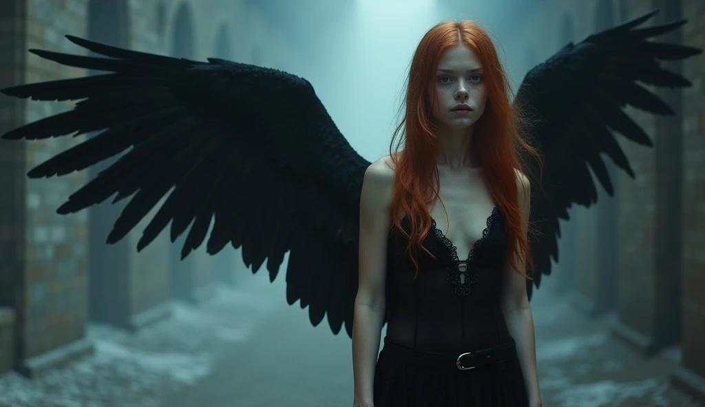 (Mackenzie Foy ginger hair teen girl,13 years old with stunning gothic black archangel wings in fire:1.6), (naked, nude:1.8), (Without clothes:1.8),(long, messy hair, hair floating in the wind:1.6), blue eyes, detailed eyes, detailed lips, (lies nude, sensual, full body:1.5), (photo from low angles:1.5), (creepy and scary gothic church, abandoned with fog and fog, snow:1.3), low neck, ray tracing, (best quality, 4k, 8k, high resolution, masterpiece:1.2), very detailed, (realistic , photorealistic, photorealistic :1.37), HDR, UHD, masterpiece, professional, vivid colors, bokeh, studio lighting