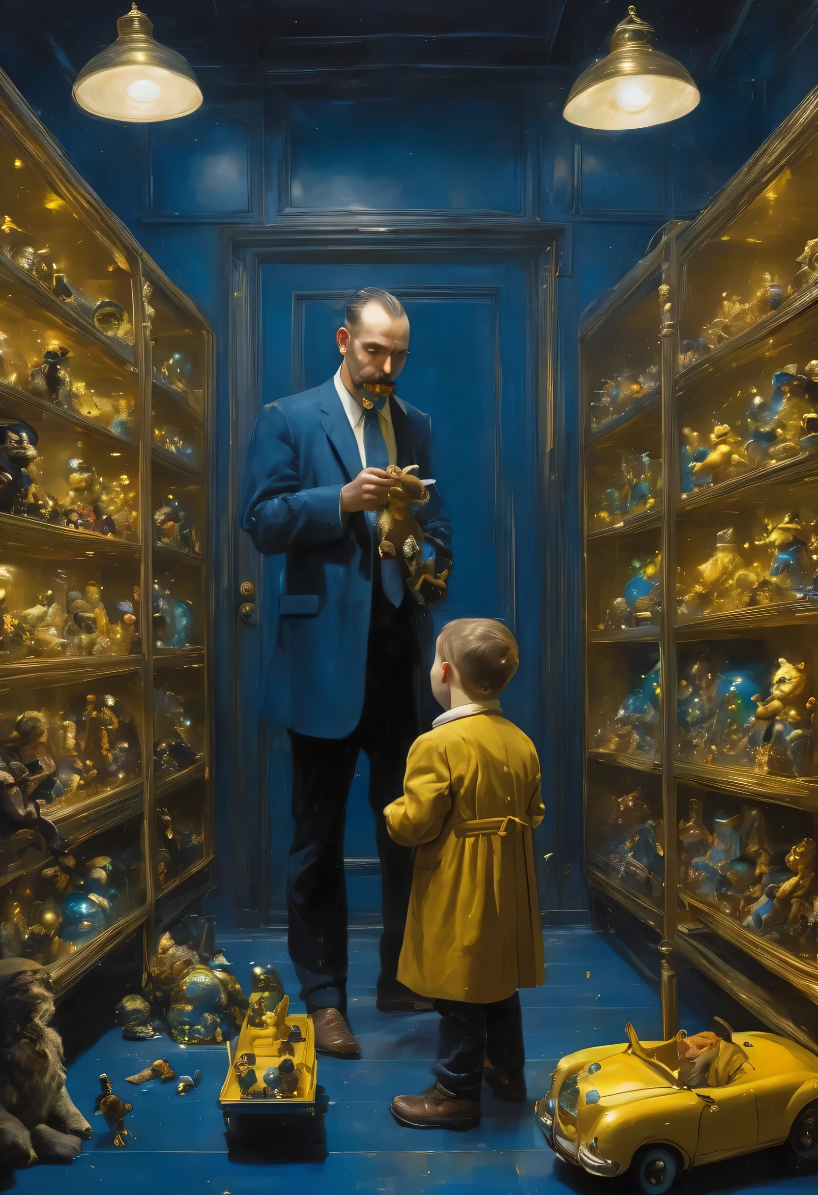 Young father with baby kid and children curating art, curator man, moustache, toys on shelves, mysterious atmosphere, deep dark blue and golden yellow, 4D, 8K, photorealistic, dreamlike, big and complex composition storytelling, masterpiece, artwork by Bernie Wrightson, artwork by Jeremy Mann, Surrealism, Impressionism