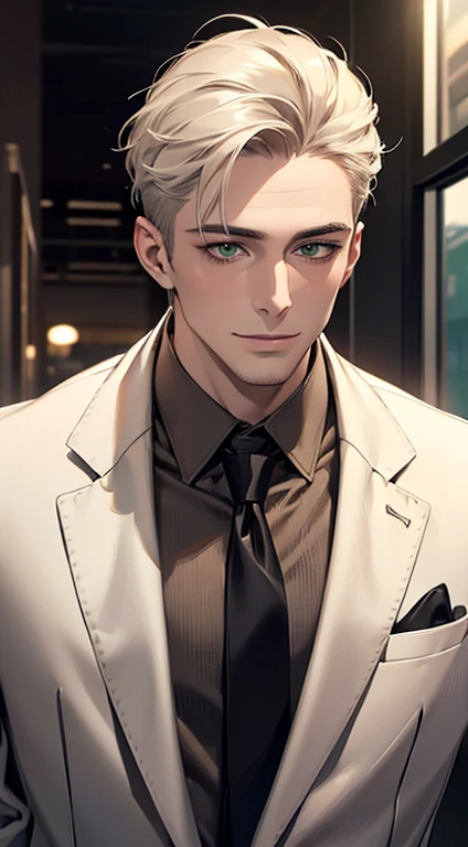 (Highest quality,4K,8K,High resolution,masterpiece:1.2),Super detailed,(Realistic,photoRealistic,photo-Realistic:1.37),1 person,34 years old,Mature Men,Beautiful skin、very handsome,Expressionless smile in love,Short white hair,green eyes,Sharp Eyes,A perfect face without a doubt,Businessman, CEO, Office Background,Cinema Lighting,HDR image,tie、