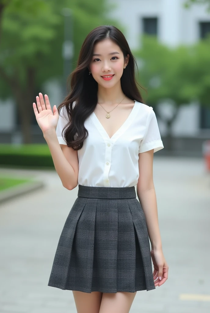 A full-body image of an adult-like high school girl taken from about 75 degrees to the side。Small face and fair skin。Beautiful from head to toe。A white short-sleeved blouse with an open chest、She wears a dark grey ombre check uniform with a 15cm miniskirt that reaches above the knee.。A gold necklace is visible on her chest.。The background is the campus。A beautiful woman with beautiful legs and beautiful skin is looking at the camera and waving。The waist line is beautiful。Highest quality。