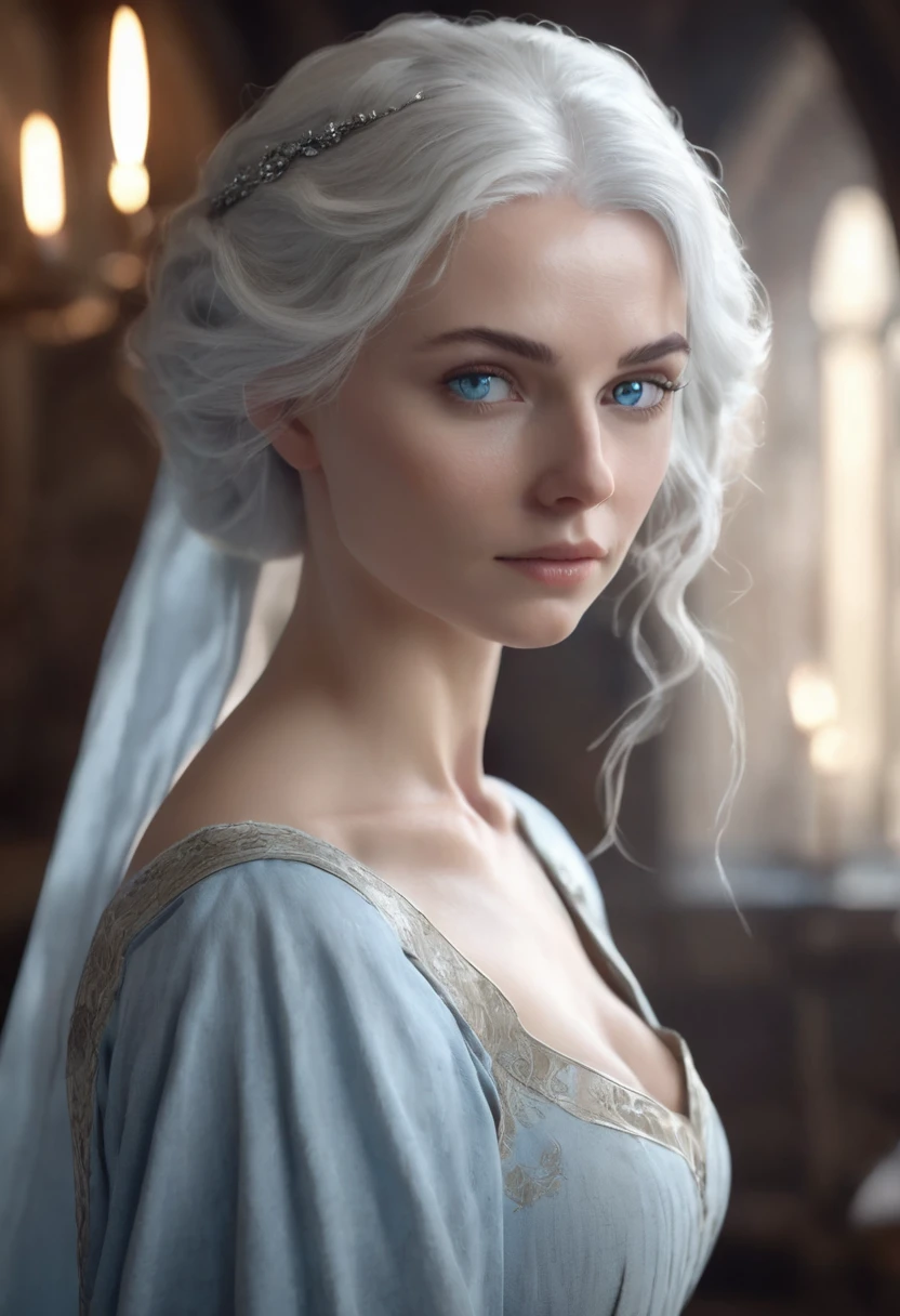 1 woman, inside a medieval room with white colors, wearing an elegant light blue dress, detailed facial features, feminine blue eyes, detailed white skin, white hair, white eyebrows, dramatic lighting, cinematic composition, light palette, light colors, atmospheric haze, thin chin, soft face, serious face, strong and beautiful woman, adult woman, ultra realistic, profile picture, adult woman (best quality, 4K, 8K, high resolution, art: 1.2), ultra detailed (realistic, photorealistic, photorealistic: 1.37)