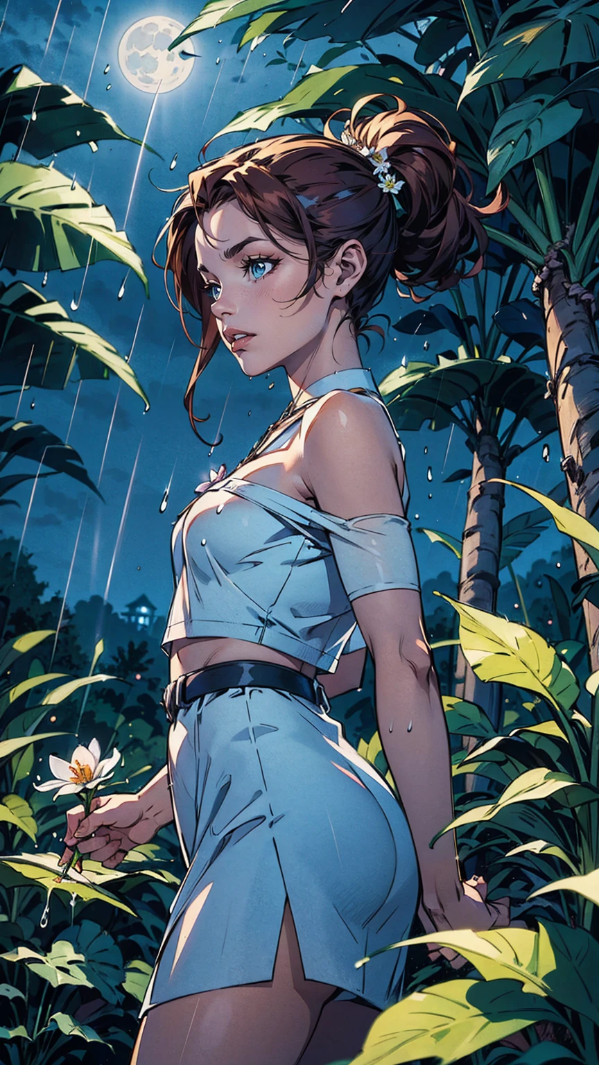 beautiful female mini pixie under a blue moon flower in the rain forest background 8k