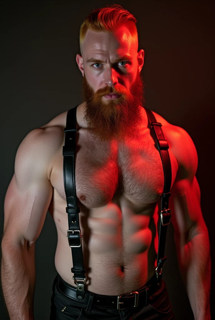 white man with red hair and beard, he is wearing black leather harness, he has his beautiful penis showing, BDSM environment red lights seed 1592739618