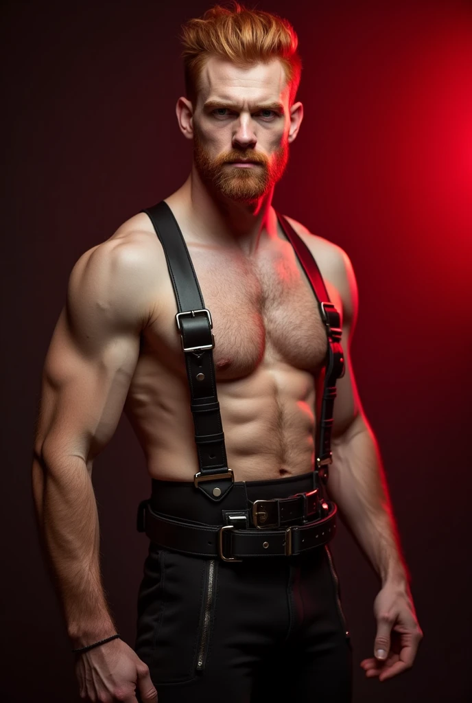 white man with red hair and beard, he is wearing black leather harness, he has his beautiful penis showing, BDSM environment red lights seed 1592739618