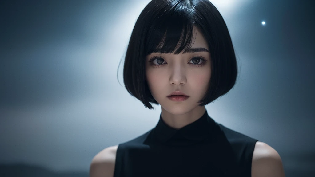 Delicate and dainty young woman with shiny bob-cut black hair . She is wearing black dress. The background is a fantastic and ethereal night sky that seems to be haunted by a specter. Her expression is stern and atmospheric. Angle from directly below.