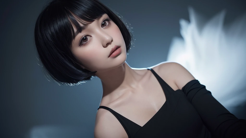 Delicate and dainty young woman with shiny bob-cut black hair . She is wearing black dress. The background is a fantastic and ethereal night sky that seems to be haunted by a specter. Her expression is stern and atmospheric. Angle from directly below.