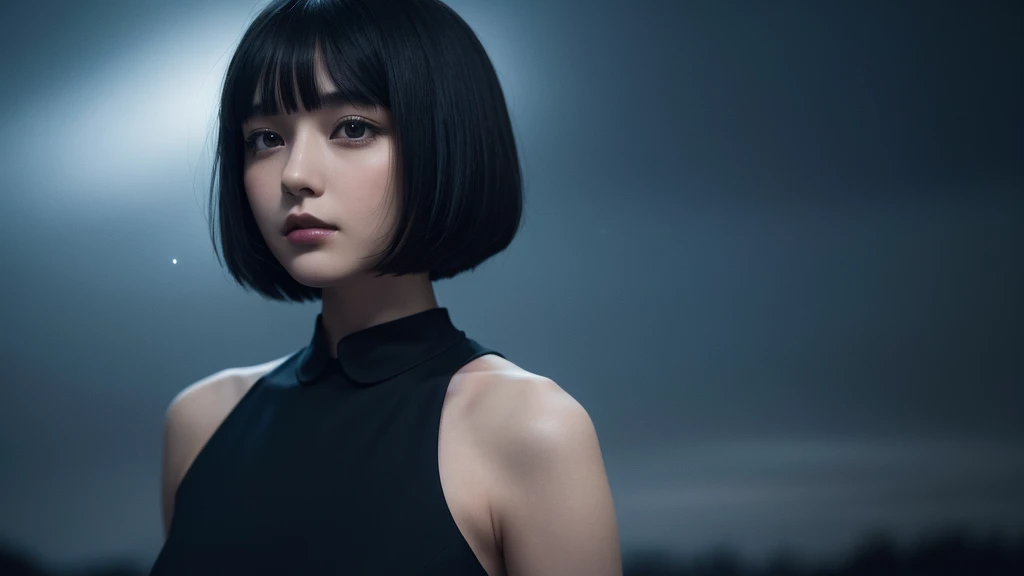 Delicate and dainty young woman with shiny bob-cut black hair . She is wearing black dress. The background is a fantastic and ethereal night sky that seems to be haunted by a specter. Her expression is stern and atmospheric. Angle from directly below.