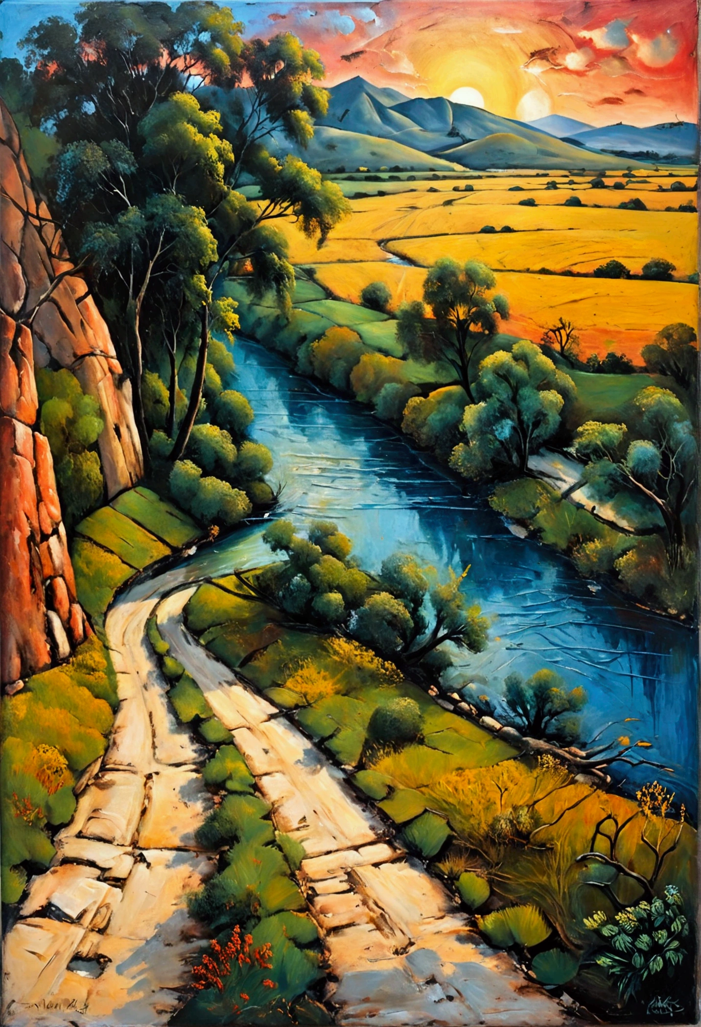 Old river near road, oil painting in style of Rufino Tamayo