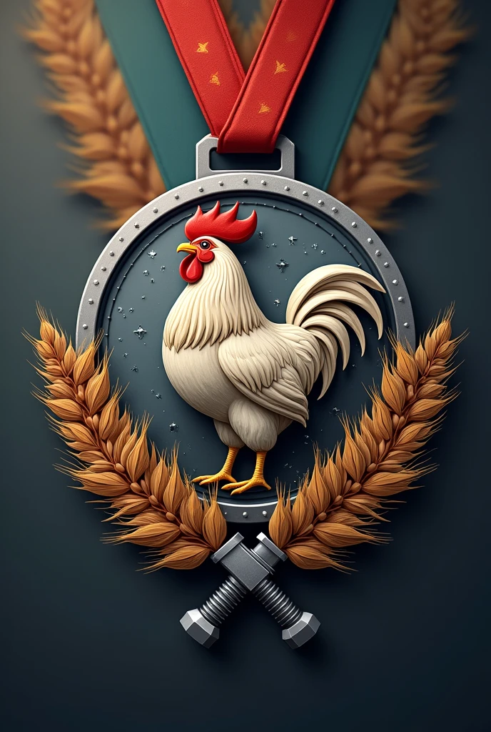 （Game achievement badge design），silver medal，Flat 2D effect，Wheat ears，(There  a huge cock in the center of the medal、There  an icon at the intersection of a hammer and a wrench)、sword and sorcery