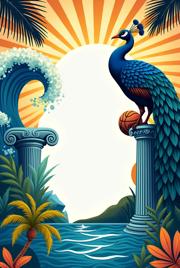 Poster for sports fest with small four sun rays, peacock and coconut tree, small ocean wave, palawan map and one corinthian column for sports as an outline or border. The overall design should be sporty theme with 3 circles in the middle for designated logo.
With texts that read PALAWAN DIVISION YOUTH CONVENTION—SPORTS FESTIVAL EDITION
August 25-26, 2024