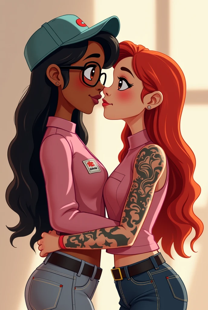 pixar design, Two female teenagers , una de pelo long negro, with glasses and cap, brown skin, another with red hair , long, with tattoos, White skin, pink military style clothing, kissing 