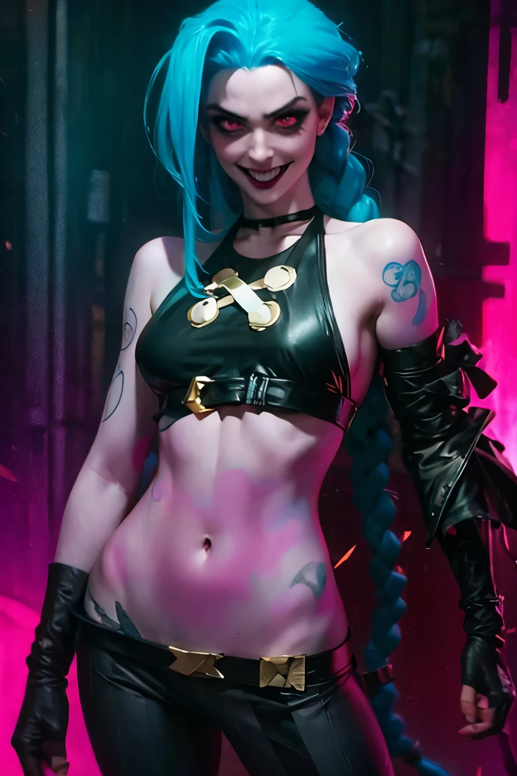 Close-up face, Hyper realistic super detailed Jinx cosplay ,(( Young girl, )) , Very detailed, (hyper realistic: 1.4), in dynamic pose, angry face, twin braids, long hair, blue hair, red eyes, tattooed, ((skinny body)) , ((psycho face, creppy smiling )), arcane style. ((Grunge Neon grafitti background, cinematic lighting)).