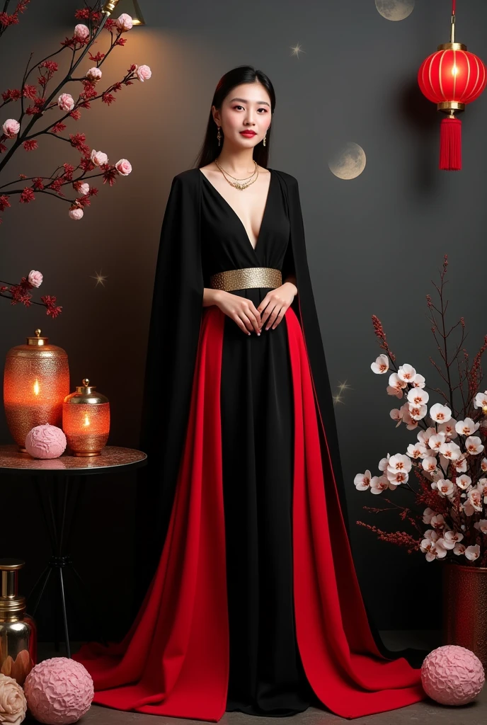 1. Wallpaper và Layout:
Wallpaper:
Choose a black or dark gray background to highlight the red and black shades of the model and decoration.
You can use a background with gentle patterns such as moon and stars or metallic patterns to add appeal.
Layout:
Arrange decorative elements such as lanterns, led light, and moon cakes around the model in a balanced manner.
Place the model in the center or to one side to create space around the accessories.
2. Model&#39;s Outfits:
Colour:
Black and red clothes combine harmoniously, for example a long black dress with red accents or vice versa, to create contrast and stand out.
Styles:
Choose clothes with modern and sophisticated designs, such as a long dress or a cape with gentle details to match the chic style.
Use accessories like necklaces, earring, or a metallic gold belt for added sparkle.
3. Props and Decorations:
Decorative table:
Place a decorative table with a glossy black or glass surface, and decorate with items such as red lanterns, yellow candle, and modern moon cake models.
Use silver or gold cake plates and trays to add a touch of elegance.
Decorative details:
Add details like fresh flowers (red roses or white orchids) to create emphasis and freshness.
Combine with metallic or iridescent details to highlight the red and black of the model&#39;s outfit..
4. Light và Angle shooting:
Light:
Use soft and even lighting, Combine key lighting and background lighting to highlight the nuances of the costumes and setting.
Use light shining from above to create a shimmering effect on decorative details.
Angle shooting:
Shoot from different angles to create variety, include wide angles to cover the entire scene and close-ups to highlight details like costumes and accessories.
These elements will help create a Mid-Autumn Festival photography backdrop that is both modern and modern, luxurious, It also fits the model&#39;s style.


Please draw with pictures so I can easily visualize


