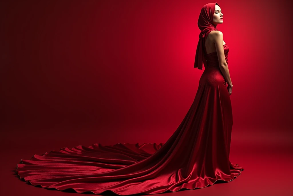 An alluring woman shrouded in a 4-meter-long, plush red satin cloth, tightly bound and grandly draping along the form of her body, flowing off into a pooled floor-length train, styled in a mermaid-inspired outfit, half naked, leg and arm tied with satin cloth, wear high heels, her head modestly veiled in a satin hijab, shiny fabric, a full-body pose conveying a sense of mysterious elegance, captured in a 4k resolution, ultra-realistic