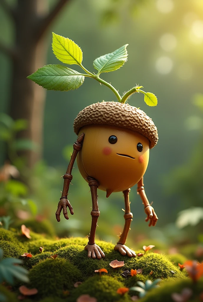 A little acorn plant have a legs and hands like humen (looking right side