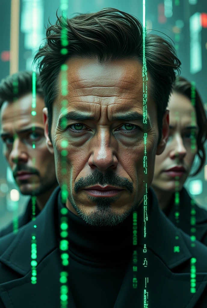 "Create a highly detailed, realistic composite image featuring the combined faces of Tony Stark (Robert Downey Jr.), Henry Cavill, Elon Musk, Ana de Armas, and Andrew Tate. Place them in a Matrix-style artificial world, with a futuristic cityscape background, digital rain code, and cyberpunk aesthetics. The overall atmosphere should be dark, mysterious, and slightly surreal, with neon lights reflecting off their faces."
