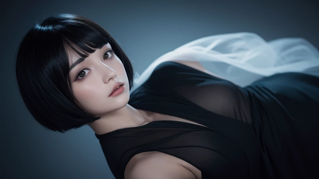 Delicate and dainty young woman with shiny bob-cut black hair . She is wearing black dress. The background is a fantastic and ethereal night sky that seems to be haunted by a specter. Her expression is stern and atmospheric. Angle from directly below.